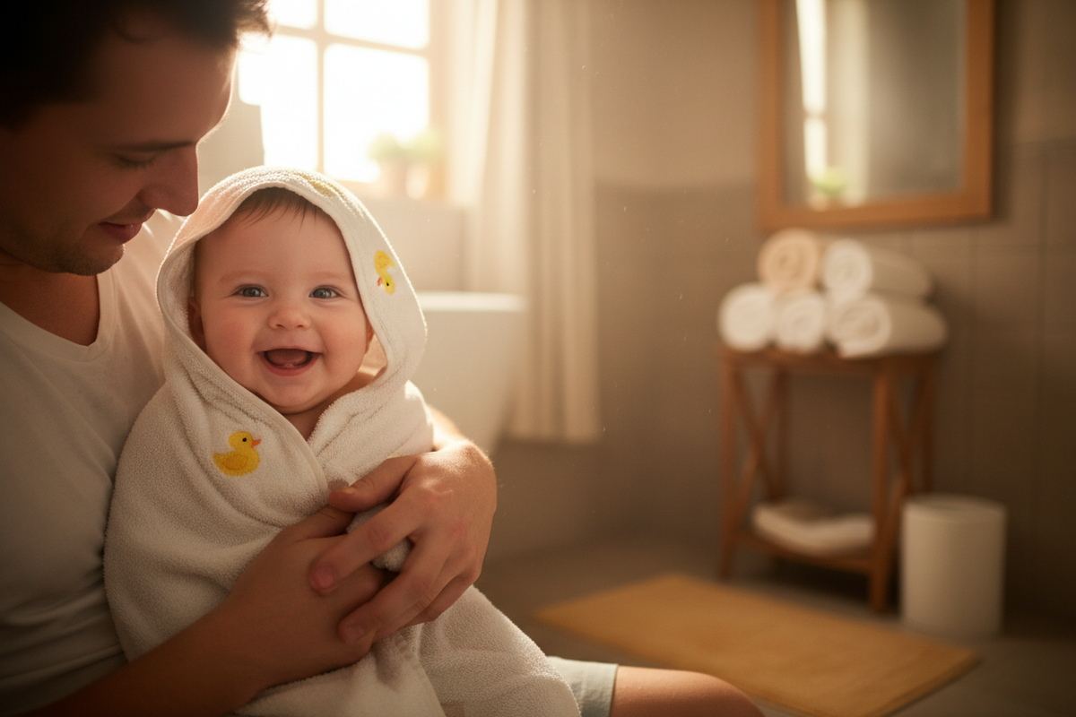 Bébé emmitouflé dans une serviette après le bain