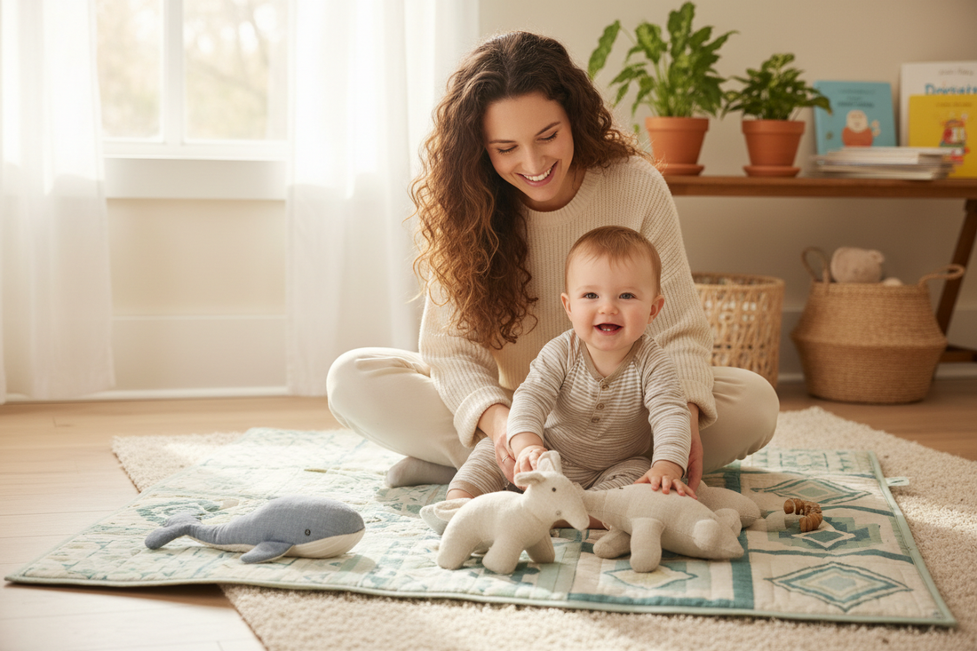 Bébé éveillé sur un tapis d’éveil avec des jouets adaptés
